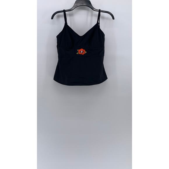 CAZIMI Women's Black V-Neck Embroidered Flower Spaghetti-Strap Swim Top SZ 38C - Picture 1 of 11